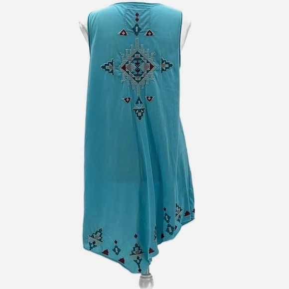 Johnny Was Cross Stitched Tunic Length Tank Top Raw Hem in Blue - Size Small - Picture 3 of 11